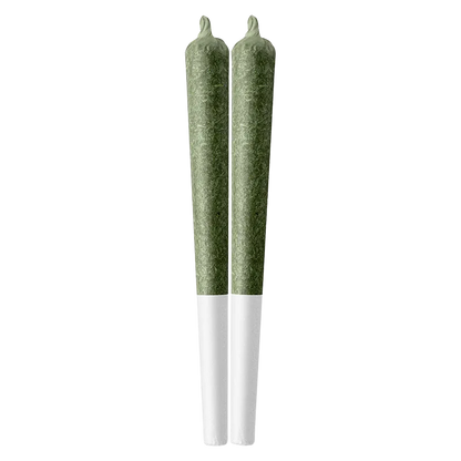 Top-down view of two green pre-rolls standing side-by-side labeled Deep Value PR 2 x 1 g with white tips on a white background