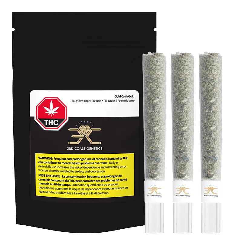 Pack-shot of Gold Cash Gold Glass Tip PR 3 x 1 g showing a black pouch with label beside three clear glass-tipped pre-rolls standing upright.