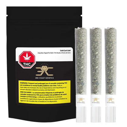 Pack-shot of Gold Cash Gold Glass Tip PR 3 x 1 g showing a black pouch with label beside three clear glass-tipped pre-rolls standing upright.
