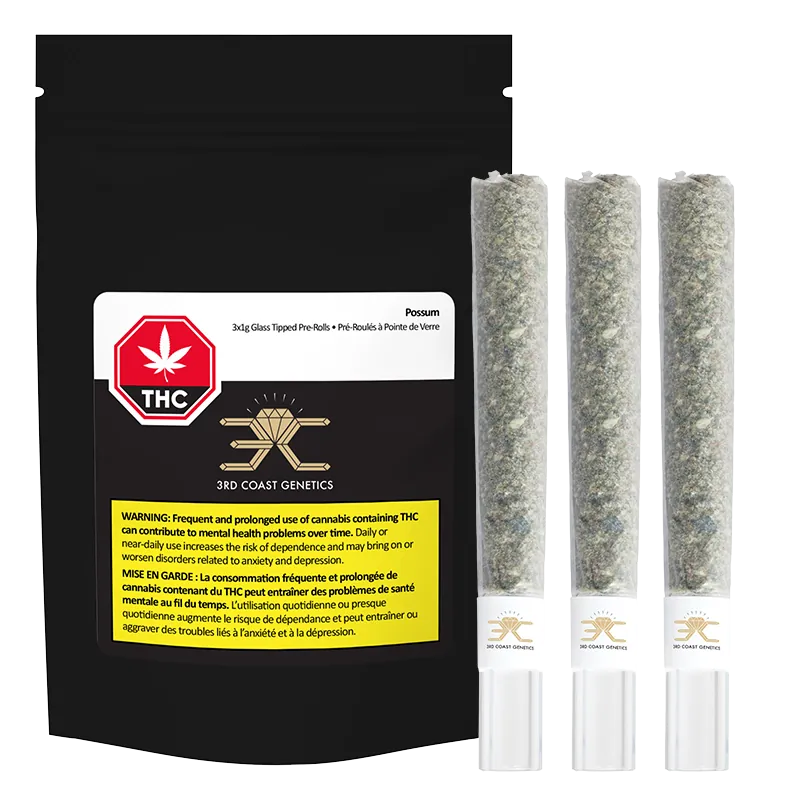 Black pouch of Possum Glass Tip PR 3 x 1 g sits beside three clear, glass-tipped pre-rolls standing upright on a white background