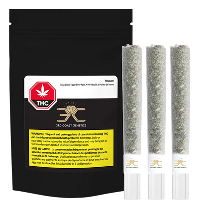 Black pouch of Possum Glass Tip PR 3 x 1 g sits beside three clear, glass-tipped pre-rolls standing upright on a white background