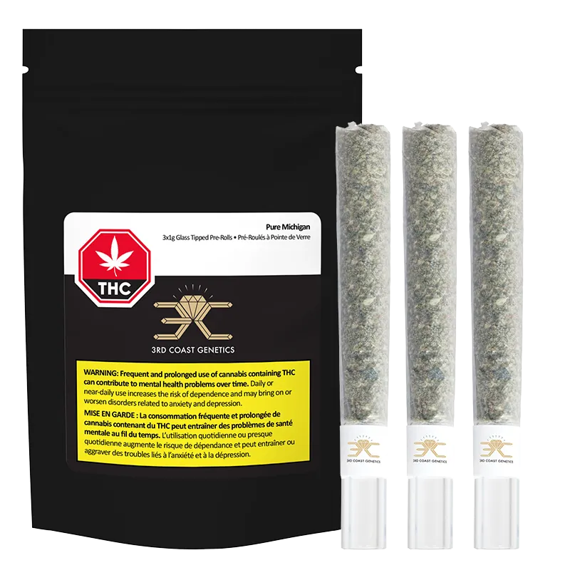 Front-facing image of the Pure Michigan Glass Tip PR 3 x 1 g pouch standing beside three clear glass-tipped pre-rolls on a white background