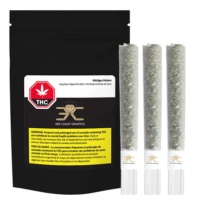 Black pouch standing next to three upright glass-tipped pre-rolls, labeled Michigan Melonz Glass Tip PR 3 x 1 g on the pouch.