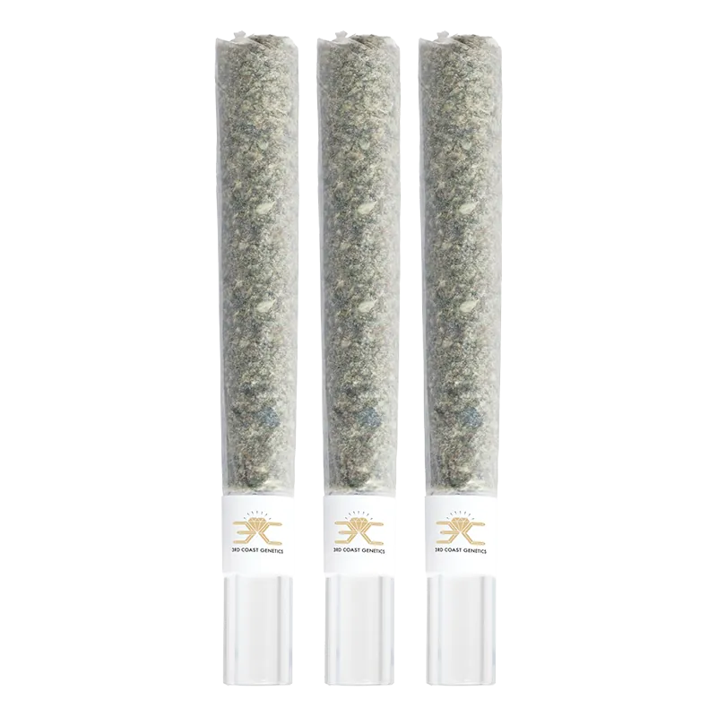 Three vertical clear glass tubes of Tagalongz Glass Tip PR 3 x 1 g, front view on white showing packed herb and white branded bands.