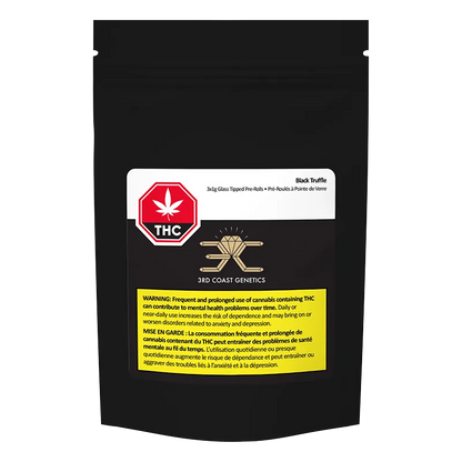 Front-facing shot of the Black Truffle Glass Tip PR 3 x 1 g matte black resealable pouch with a white label, red THC emblem, and yellow warning box.