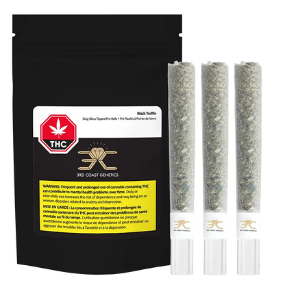 Front-facing shot of a black pouch alongside three glass-tipped joints, labeled "Black Truffle Glass Tip PR 3 x 1 g" and showing the 3rd Coast Genetics logo.