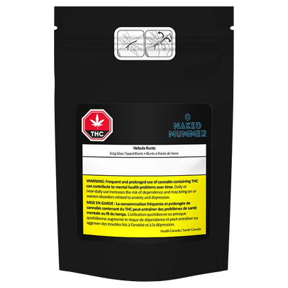 Front-facing image of the black pouch labeled "Nebula Runtz Glass Tip PR 3 x 1 g" with a red THC symbol and yellow bilingual warning panel.