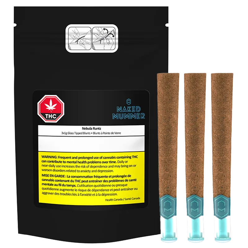 Front-facing shot of a black pack and three glass tips, showing the Nebula Runtz Glass Tip PR 3 x 1 g branded label and teal mouthpieces.
