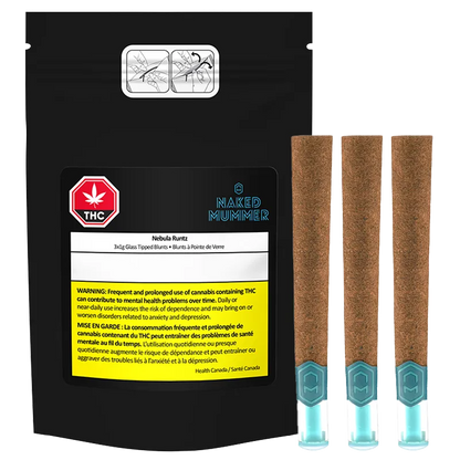 Front-facing shot of a black pack and three glass tips, showing the Nebula Runtz Glass Tip PR 3 x 1 g branded label and teal mouthpieces.