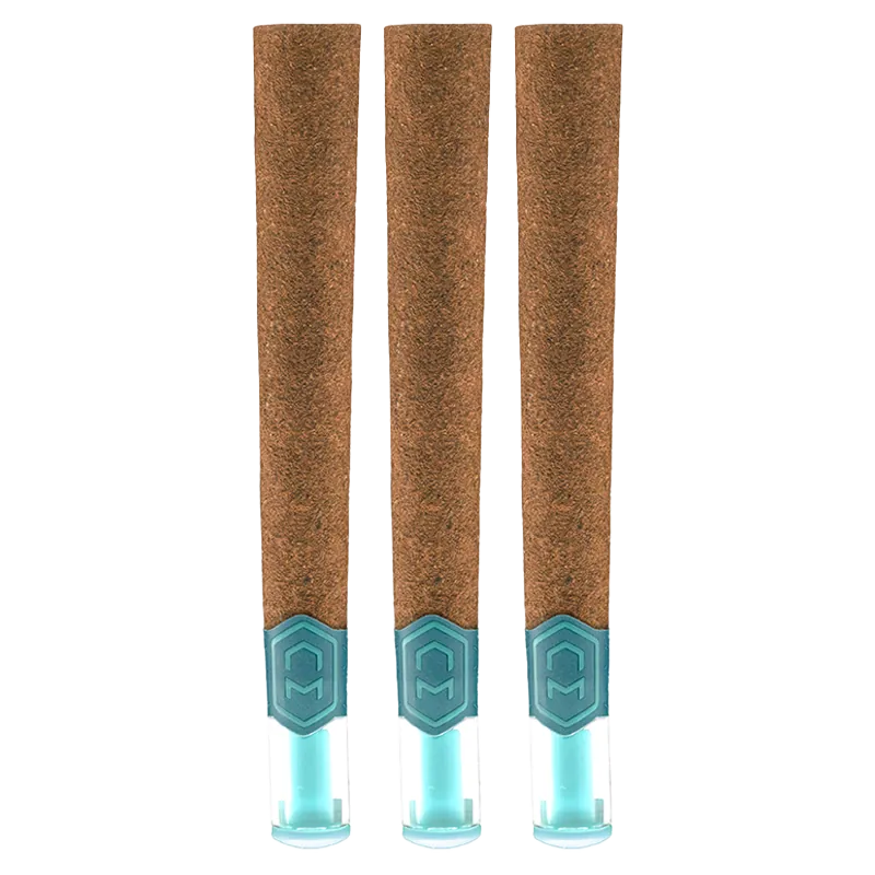 Front-facing trio of Nebula Runtz Glass Tip PR 3 x 1 g pre-rolls with brown paper tubes and teal glass tips against a white background