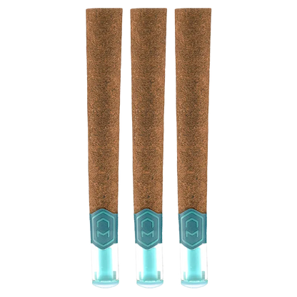 Front-facing trio of Nebula Runtz Glass Tip PR 3 x 1 g pre-rolls with brown paper tubes and teal glass tips against a white background
