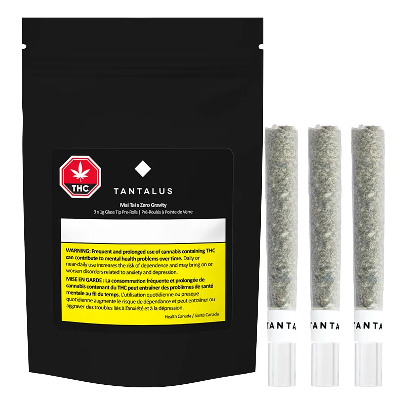 Front view of a black pouch and three clear glass tip pre-rolls labeled MAI TAI X ZERO GRAVITY Glass Tip PR 3 x 1 g.