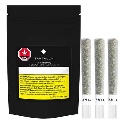 Front view of a black pouch and three clear glass tip pre-rolls labeled MAI TAI X ZERO GRAVITY Glass Tip PR 3 x 1 g.