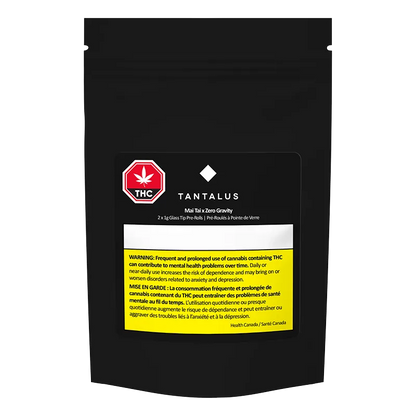 Front-facing image of a black pouch labeled MAI TAI X ZERO GRAVITY Infused GT PR 2 x 1 g with a red THC symbol and yellow warning box.