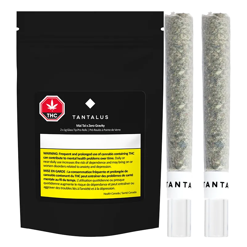 Front view of a black resealable pouch and two clear glass tip pre-roll tubes labeled "MAI TAI X ZERO GRAVITY Infused GT PR 2 x 1 g" arranged side by side on a white background.