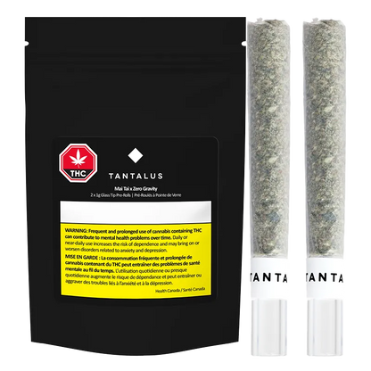 Front view of a black resealable pouch and two clear glass tip pre-roll tubes labeled "MAI TAI X ZERO GRAVITY Infused GT PR 2 x 1 g" arranged side by side on a white background.