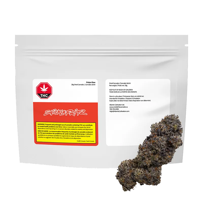 Front view of the white pouch with a red label and a cannabis bud beside it, showing the "Frisian Dew" branding.