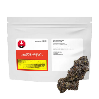 Front-facing pouch labeled Frisian Dew with a red and white sticker and a dark, frosty cannabis bud positioned at the lower right.