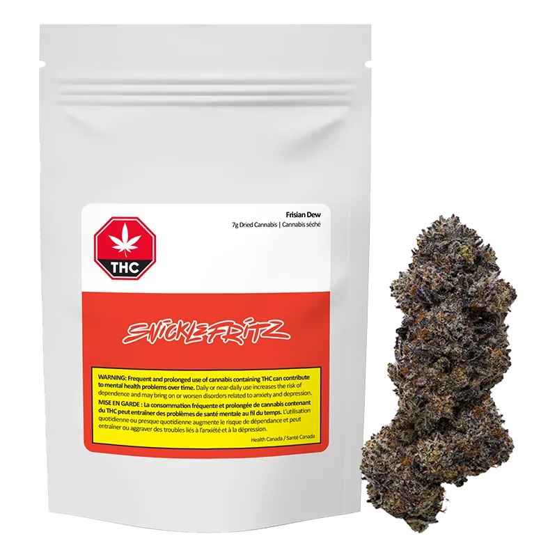White pouch packaging photographed front-on next to a single dense purple-tinged bud, labeled "Frisian Dew."