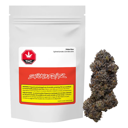 White pouch packaging photographed front-on next to a single dense purple-tinged bud, labeled "Frisian Dew."