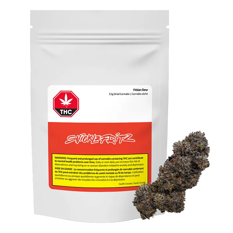 Front-facing white pouch labeled Frisian Dew with a red logo block and a dark purple cannabis bud shown at lower right.