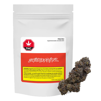 Front-facing white pouch labeled Frisian Dew with a red logo block and a dark purple cannabis bud shown at lower right.