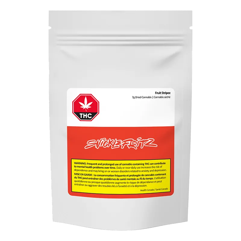 Front-facing pouch shot of Fruit Stripez with a white top, red midband label, large THC stop-sign logo and yellow warning box.