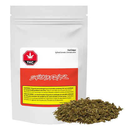 Front-facing shot of a white and red pouch labeled Fruit Stripez with loose green-brown cannabis piled in front.