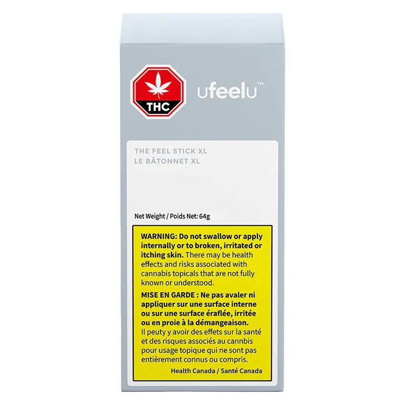 Front-facing product box photo of the ufeelu The Feel Stick XL showing a grey panel, red THC octagon logo, and a yellow bilingual warning label.