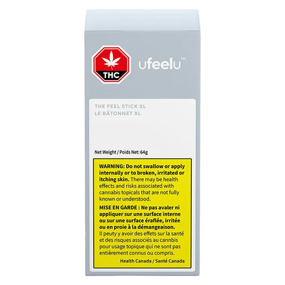 Front-facing product box photo of the ufeelu The Feel Stick XL showing a grey panel, red THC octagon logo, and a yellow bilingual warning label.