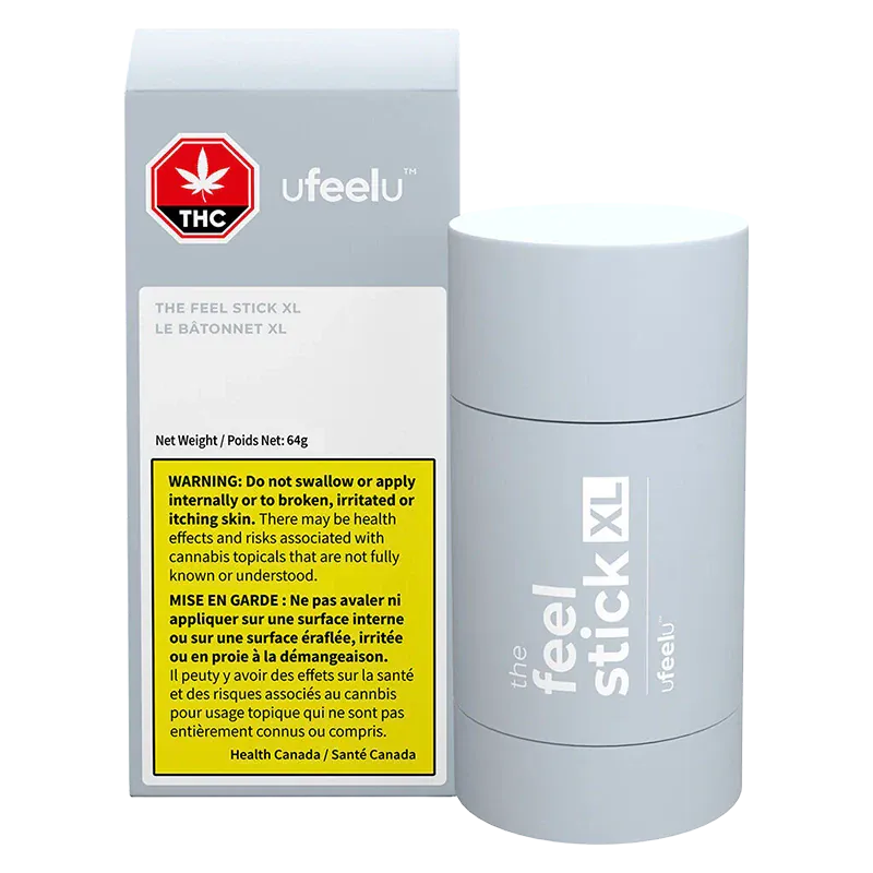Product shot of ufeelu The Feel Stick XL showing a front-facing grey cylindrical tube beside its box on a white background.