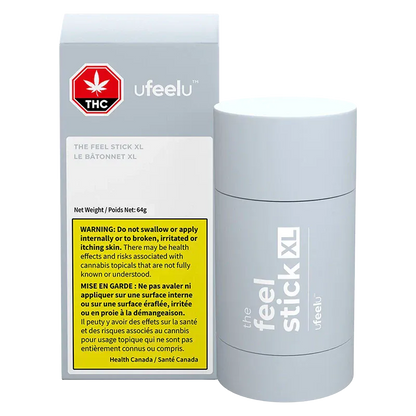 Product shot of ufeelu The Feel Stick XL showing a front-facing grey cylindrical tube beside its box on a white background.
