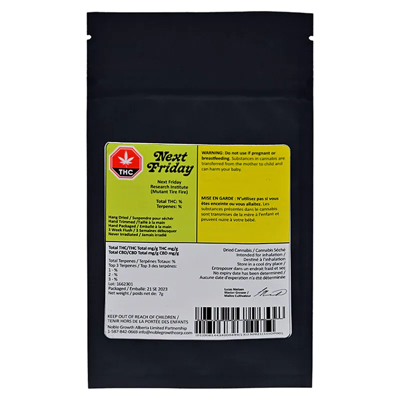 Front view of the black pouch with a yellow label reading Next Friday (Mutant Tire Fire) and dosing and warning text.