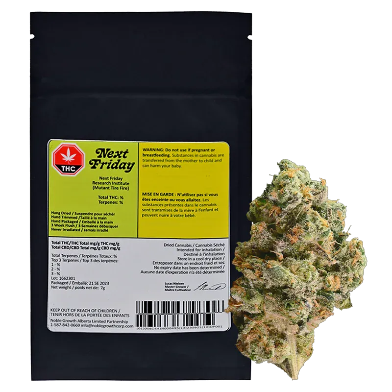 Front-on view of the black pouch and single nug displayed to the right, labeled "Mutant Tire Fire".