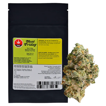Front-on view of the black pouch and single nug displayed to the right, labeled "Mutant Tire Fire".