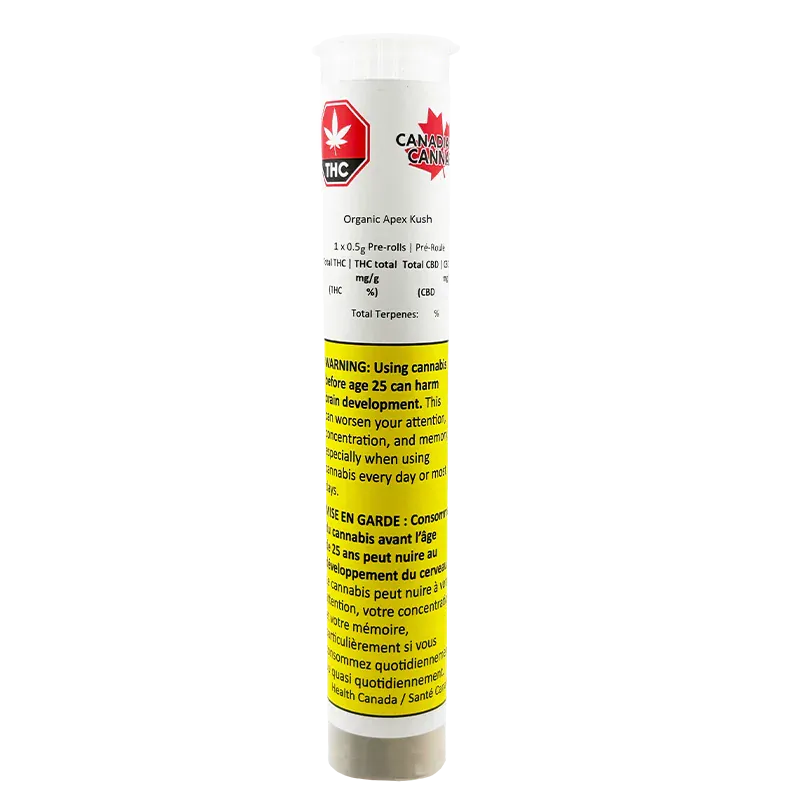 Tall front-facing shot of the Organic Apex Kush PR 1 x 0.5 g white tube with a red THC logo and a yellow warning label.