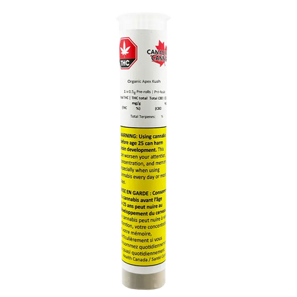 Tall front-facing shot of the Organic Apex Kush PR 1 x 0.5 g white tube with a red THC logo and a yellow warning label.