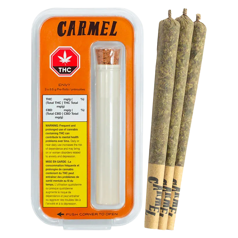 Front-facing shot of the Envy PR 3 x 0.5 g package with an orange-backed blister pack and three pre-rolled joints shown to its right.