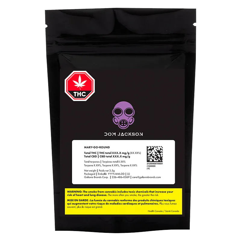 Front-facing shot of the black pouch labeled Mary-go-round with a purple gas-mask logo and a red THC octagon at top left.