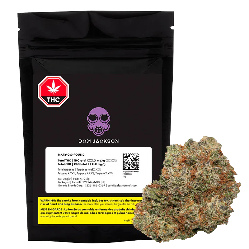 Front-facing black resealable pouch with a purple gas-mask logo and a cannabis bud at lower right, labeled "Mary-go-round" by DOM JACKSON.