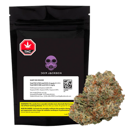 Front-facing black resealable pouch with a purple gas-mask logo and a cannabis bud at lower right, labeled "Mary-go-round" by DOM JACKSON.