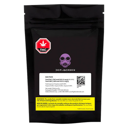 Front view of the black Dom Jackson Gas Pack pouch with purple gas mask logo, white label and yellow health warning.