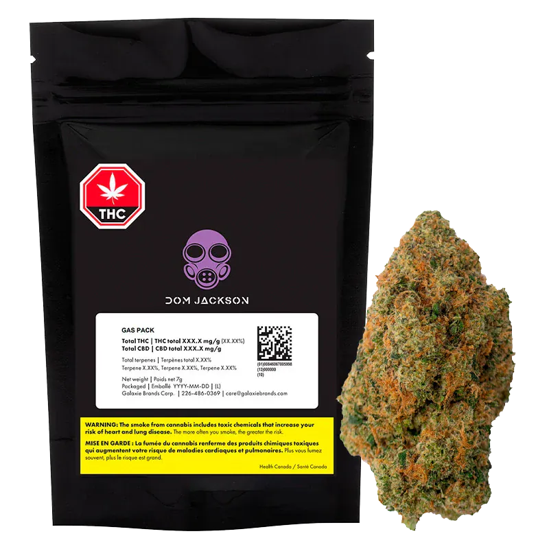 Front-facing shot of the black pouch and adjacent bud labeled "Gas Pack" with the Dom Jackson Gas Pack branding visible.