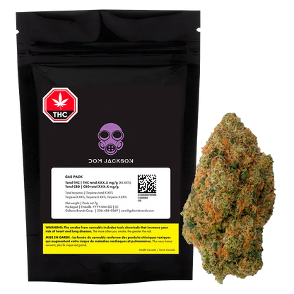 Front-facing shot of the black pouch and adjacent bud labeled "Gas Pack" with the Dom Jackson Gas Pack branding visible.