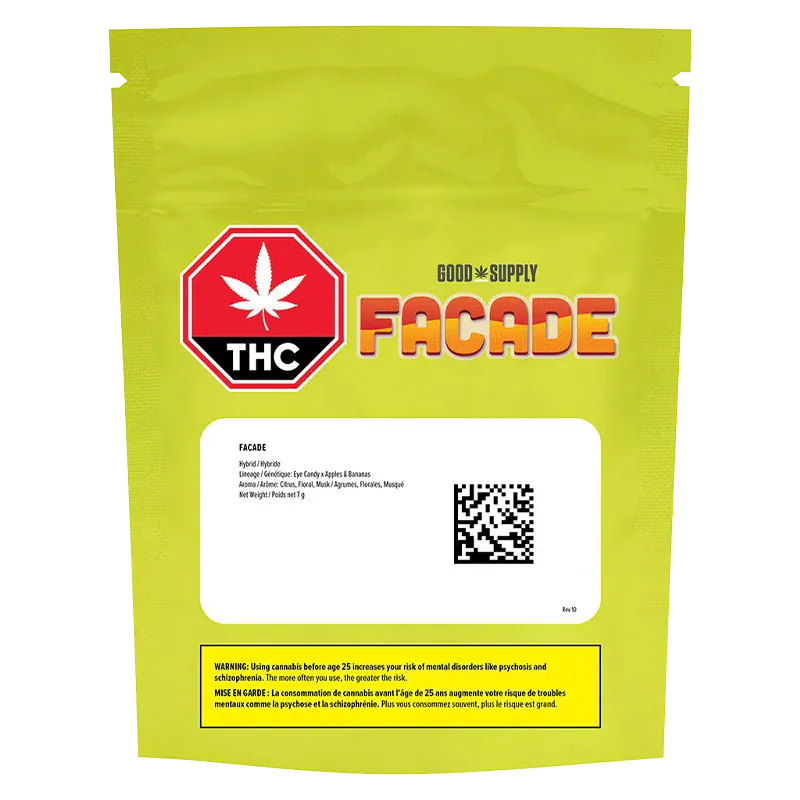 Front-facing shot of the bright lime-green Good Supply Facade pouch with bold logo, THC stop sign, and white info label.