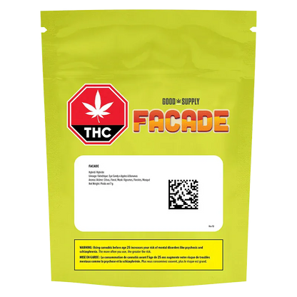 Front-facing shot of the bright lime-green Good Supply Facade pouch with bold logo, THC stop sign, and white info label.