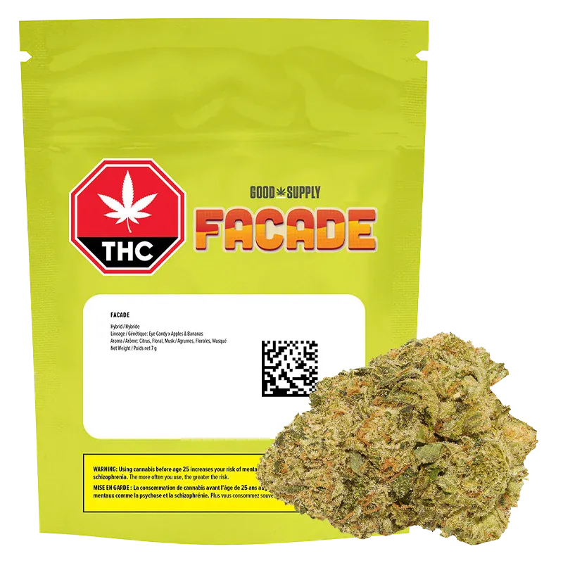 Front-facing pouch of Good Supply Facade in lime packaging with a white label, THC stop sign logo, and a cannabis bud at the lower right.