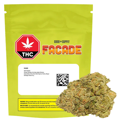 Front-facing pouch of Good Supply Facade in lime packaging with a white label, THC stop sign logo, and a cannabis bud at the lower right.