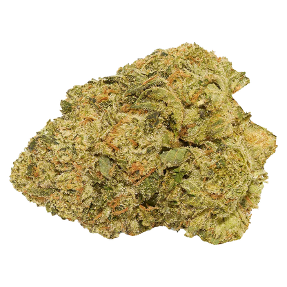 Close-up of the green and amber trichome-covered nugget of Facade.
