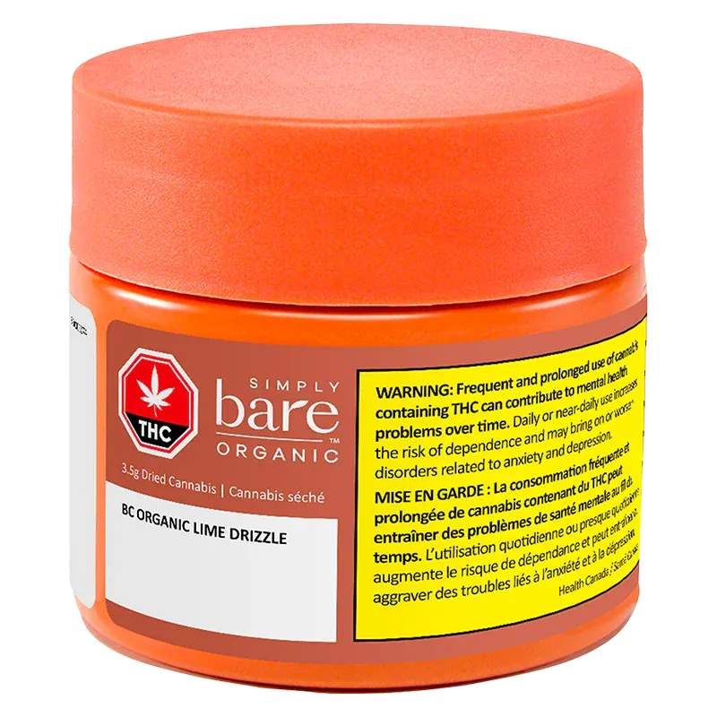Three-quarter front view of the orange jar labeled Simply bare Organic BC Organic Lime Drizzle with a large yellow THC warning panel.